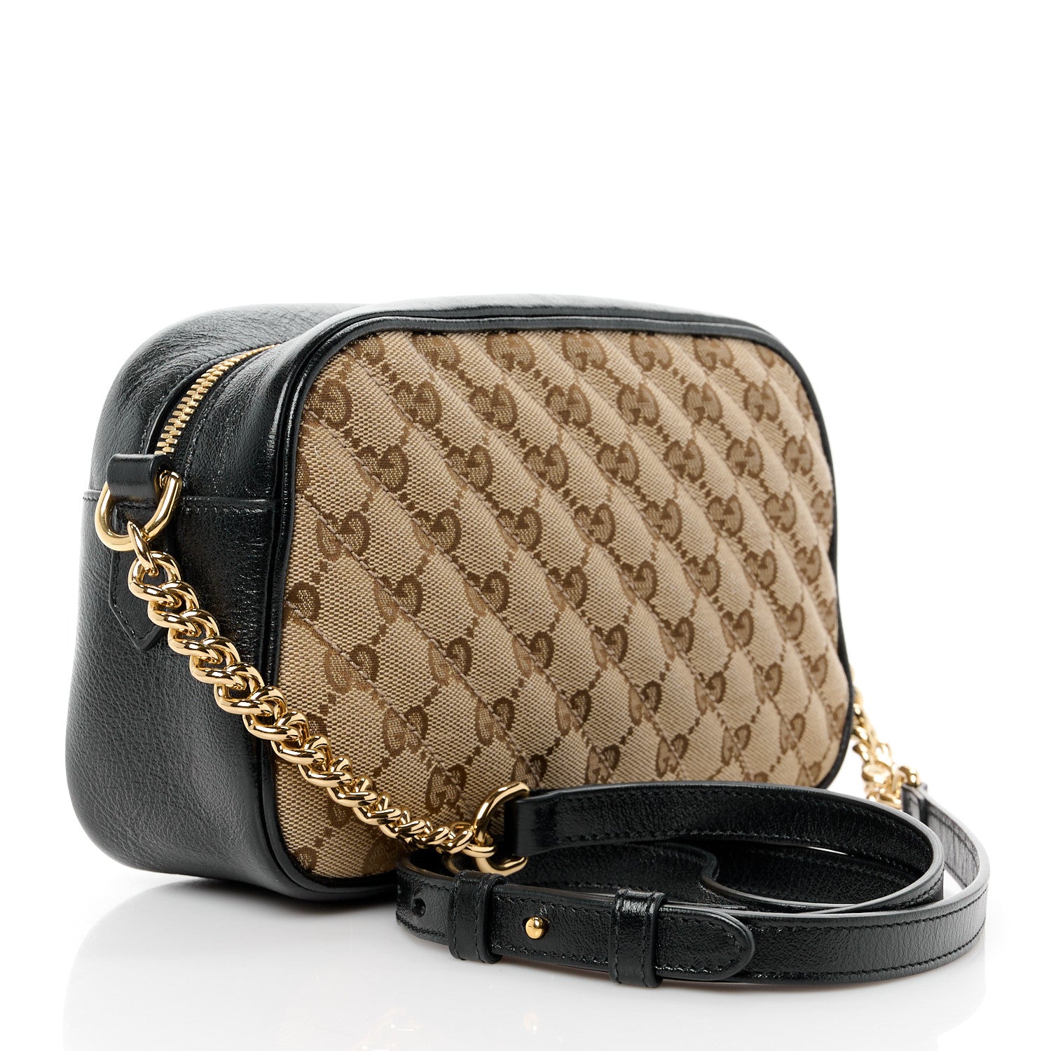 Gucci Monogram Matelasse Diagonal Small GG Marmont Chain Shoulder Bag Beige Black 3 of 13