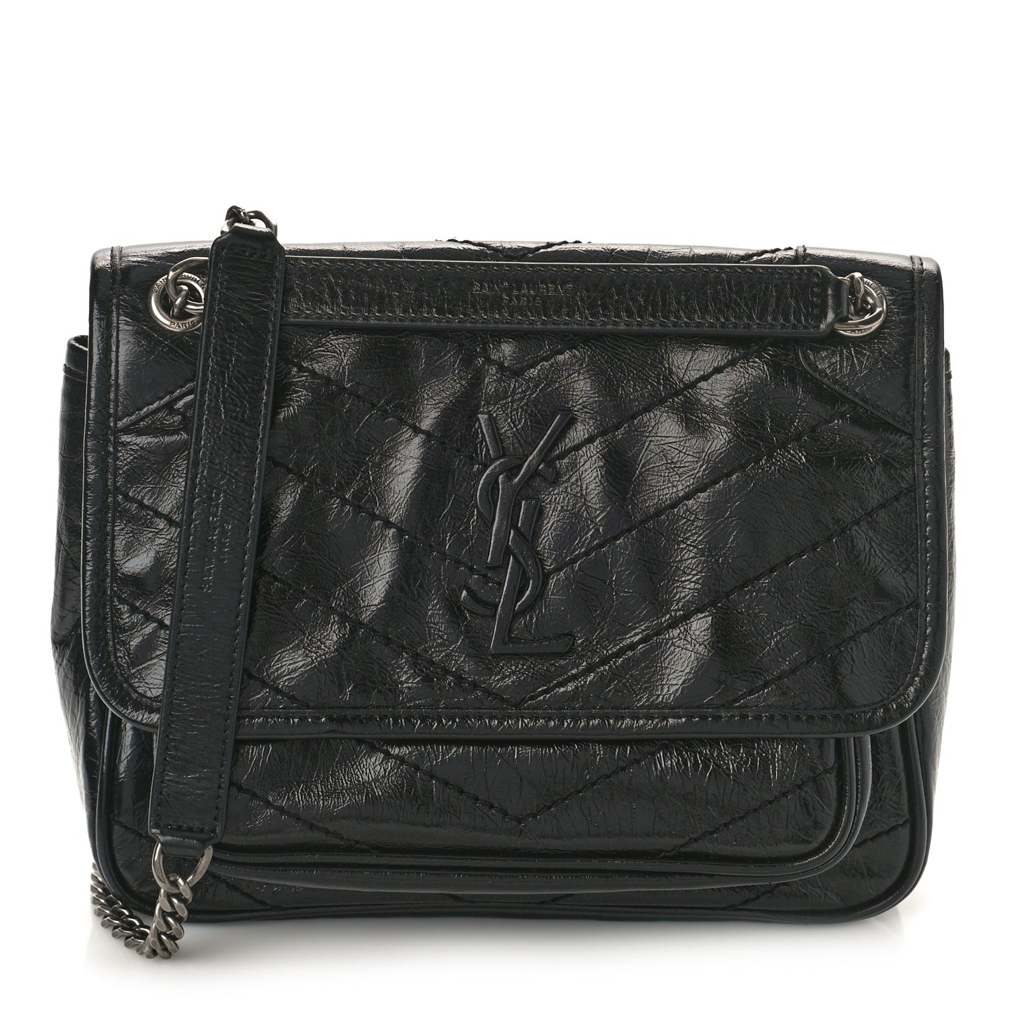 Crinkled Calfskin Matelasse Monogram Baby Niki Chain Satchel Black