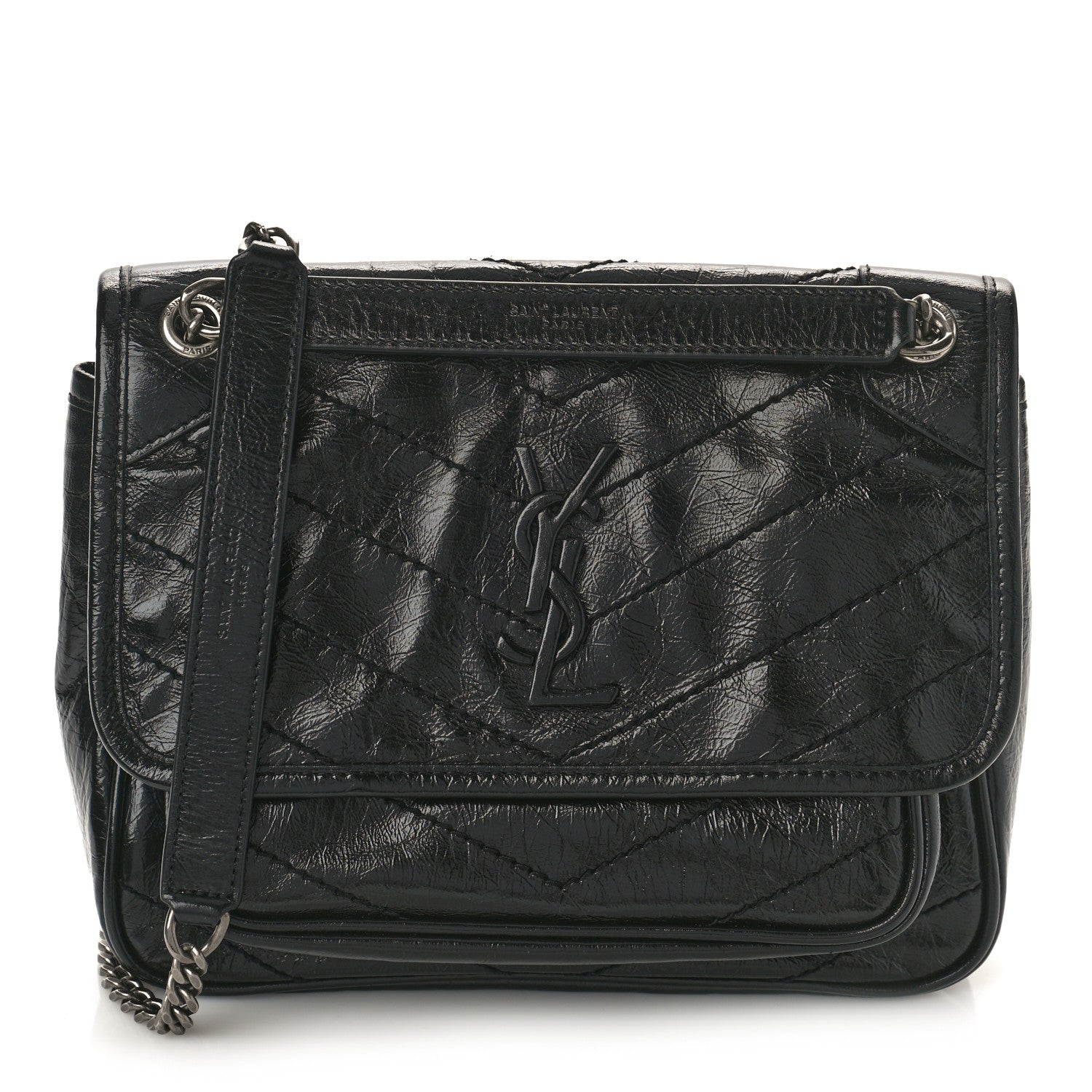 Saint Laurent Crinkled Calfskin Matelasse Monogram Baby Niki Chain Satchel Black 1 of 8