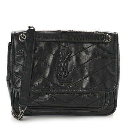 Saint Laurent Crinkled Calfskin Matelasse Monogram Baby Niki Chain Satchel Black 1 of 8
