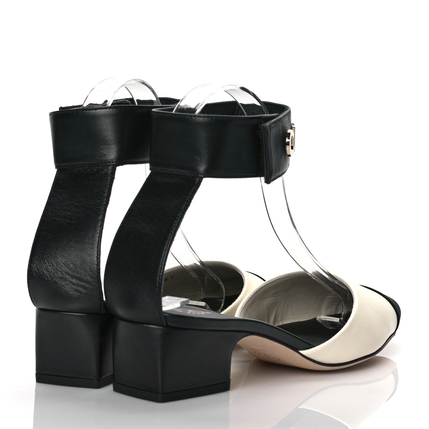Chanel Lambskin Grosgrain Cap Toe Logo Ankle Strap Pumps 38 White Black 4 of 9