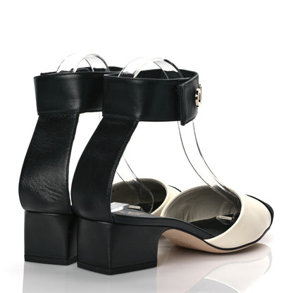 Chanel Lambskin Grosgrain Cap Toe Logo Ankle Strap Pumps 38 White Black 4 of 9