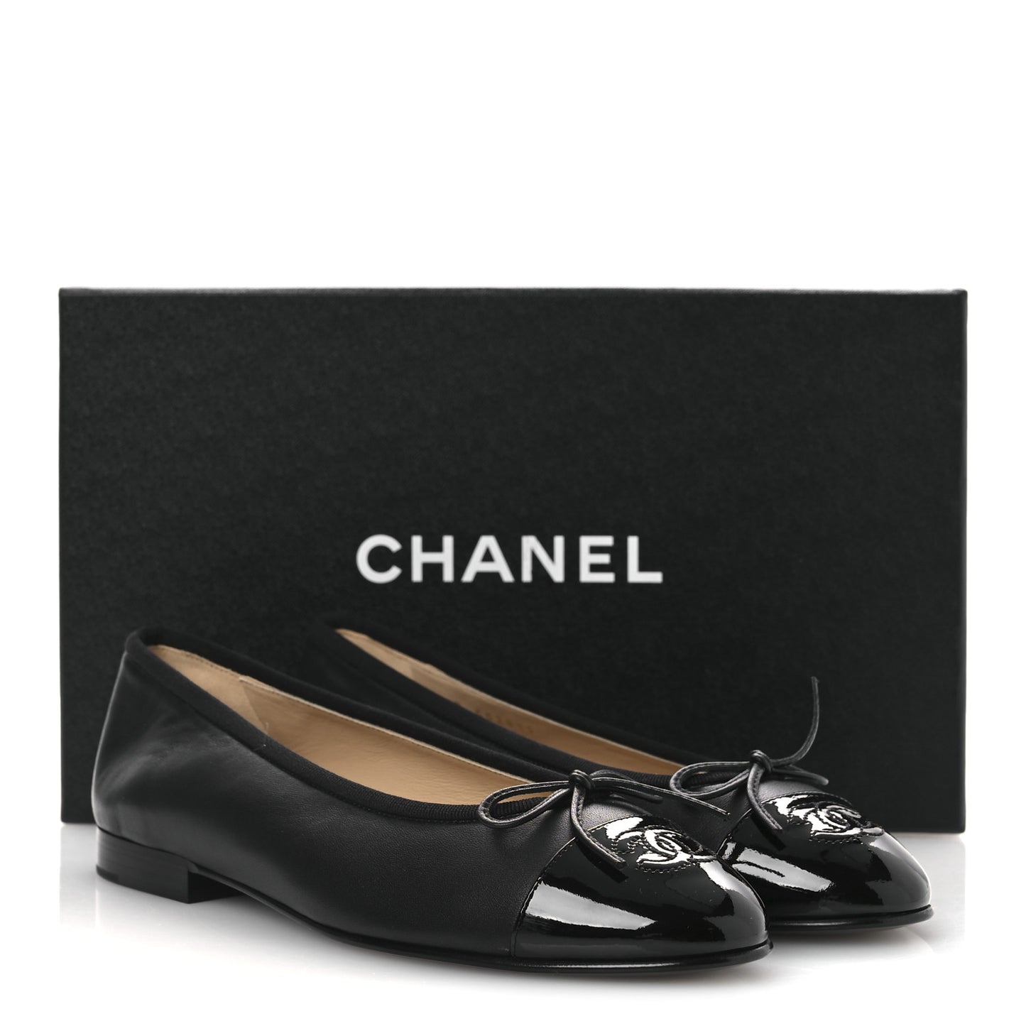 Lambskin Patent Cap Toe Ballerina Flats 38 Black