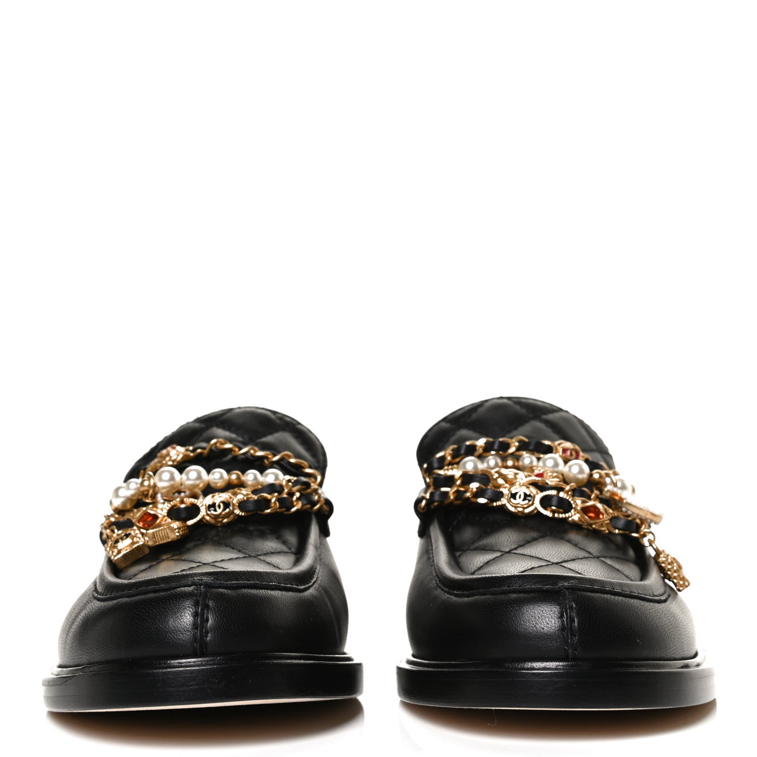 Chanel Lambskin Pearl Crystal Quilted CC Logo Jewelry Loafers 38 Black 2 of 11