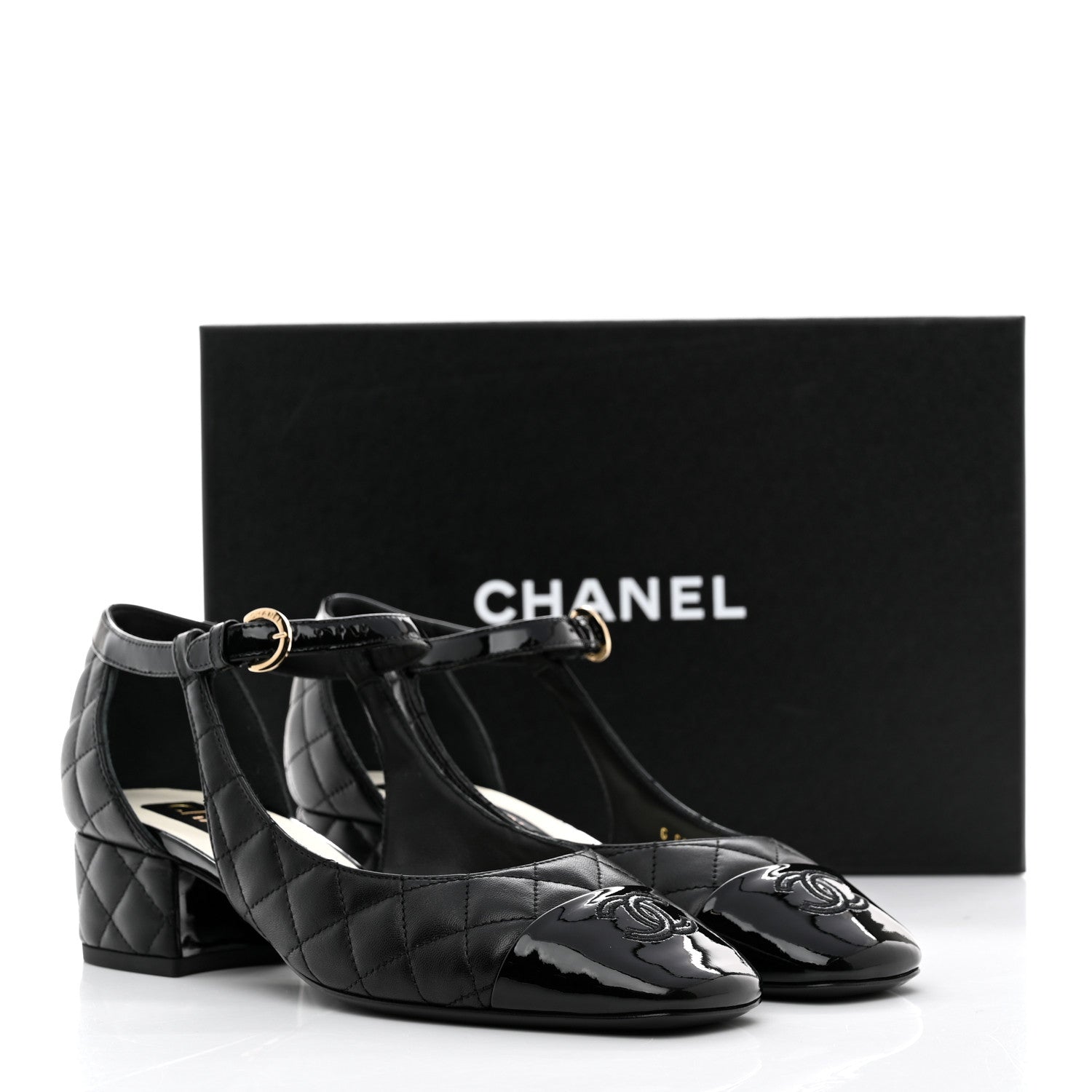 Chanel Lambskin Patent Quilted Cap Toe Mary Jane Flats 37.5 Black 9 of 9