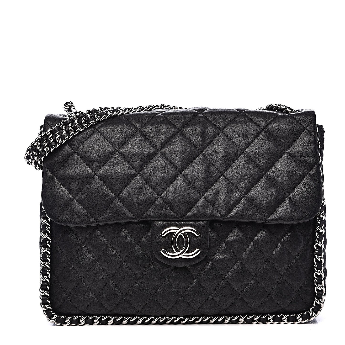 Washed Lambskin Quilted Maxi Chain Around Flap Black