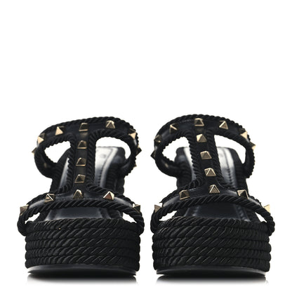 Valentino Garavani Calfskin Rockstud Torchon Espadrille Caged 25/95mm Wedge Sandals 39 Black 3 of 7