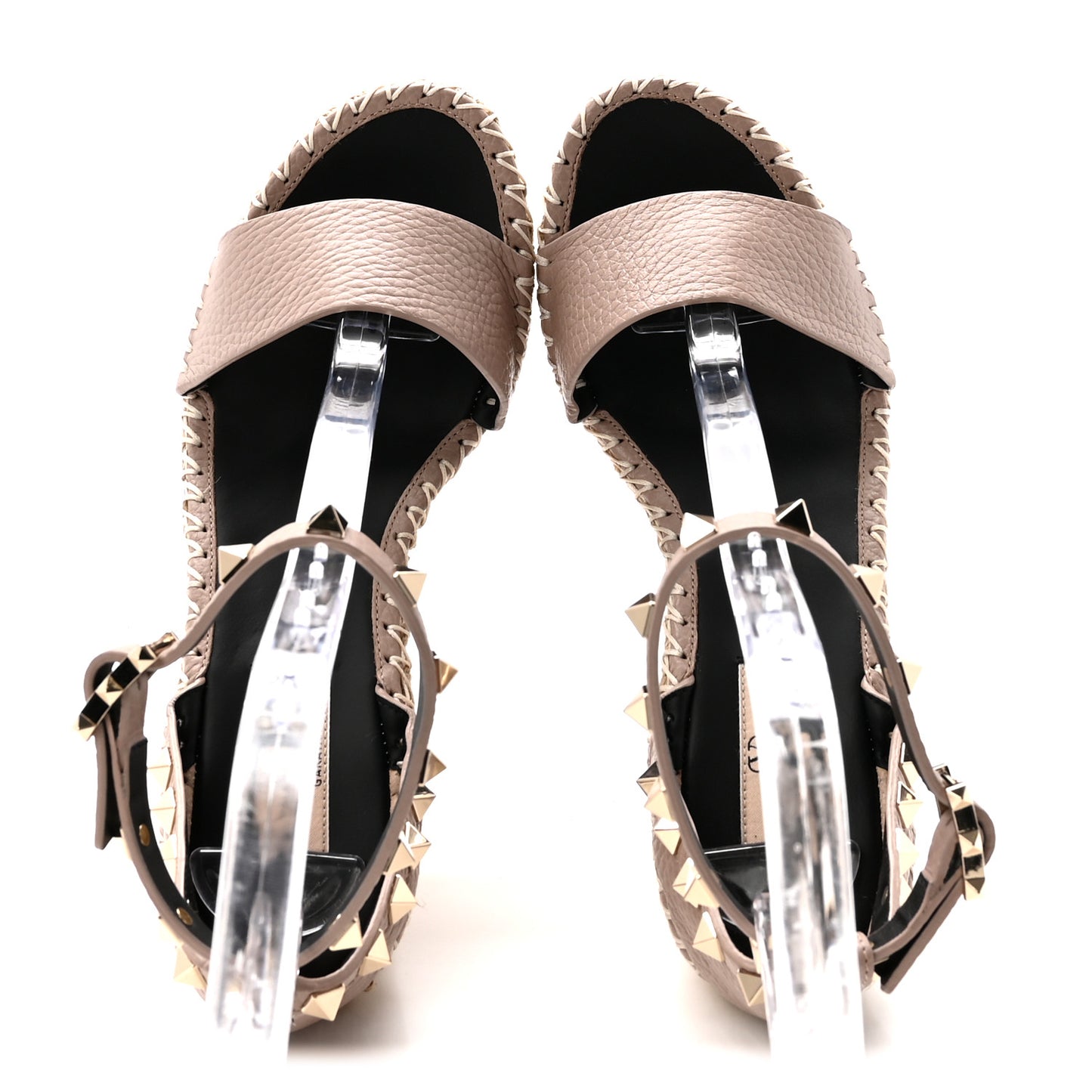 Grained Calfskin Rockstud Ankle Strap Espadrille 15/105mm Wedge Sandals 37 Poudre Natural