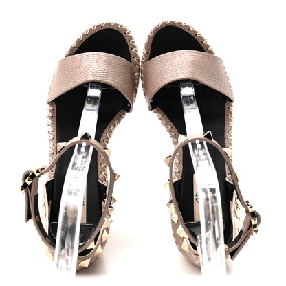 Valentino Garavani Grained Calfskin Rockstud Ankle Strap Espadrille 15/105mm Wedge Sandals 37 Poudre Natural 2 of 10