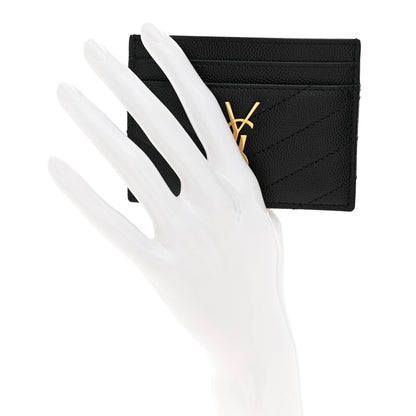 Saint Laurent Grain De Poudre Matelasse Chevron Monogram Credit Card Case Black 2 of 8