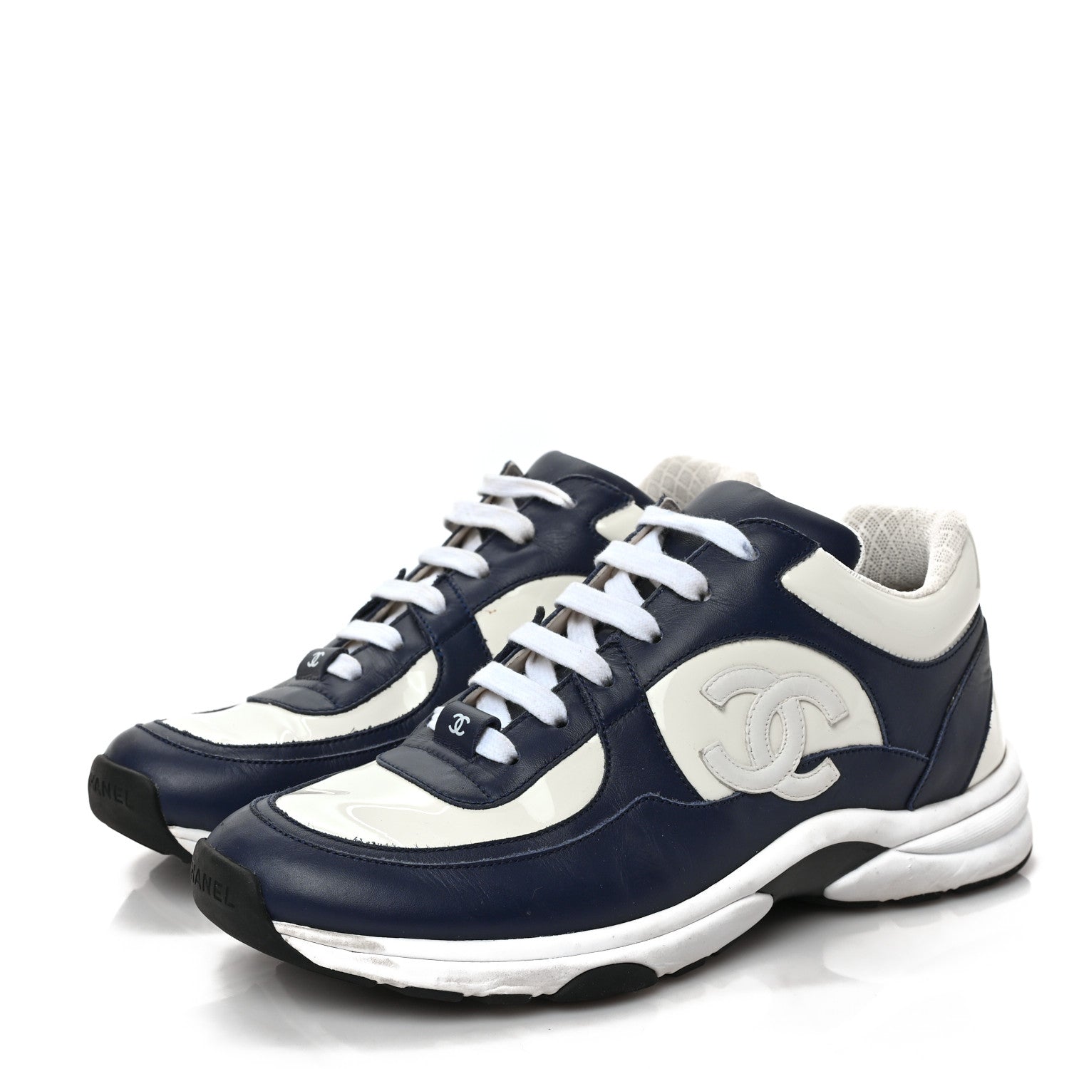 Chanel Patent Calfskin CC Sneakers 39.5 Navy White 3 of 8