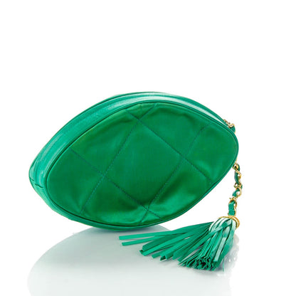 Chanel Satin Quilted CC Tassel Clutch Green 3 of 8