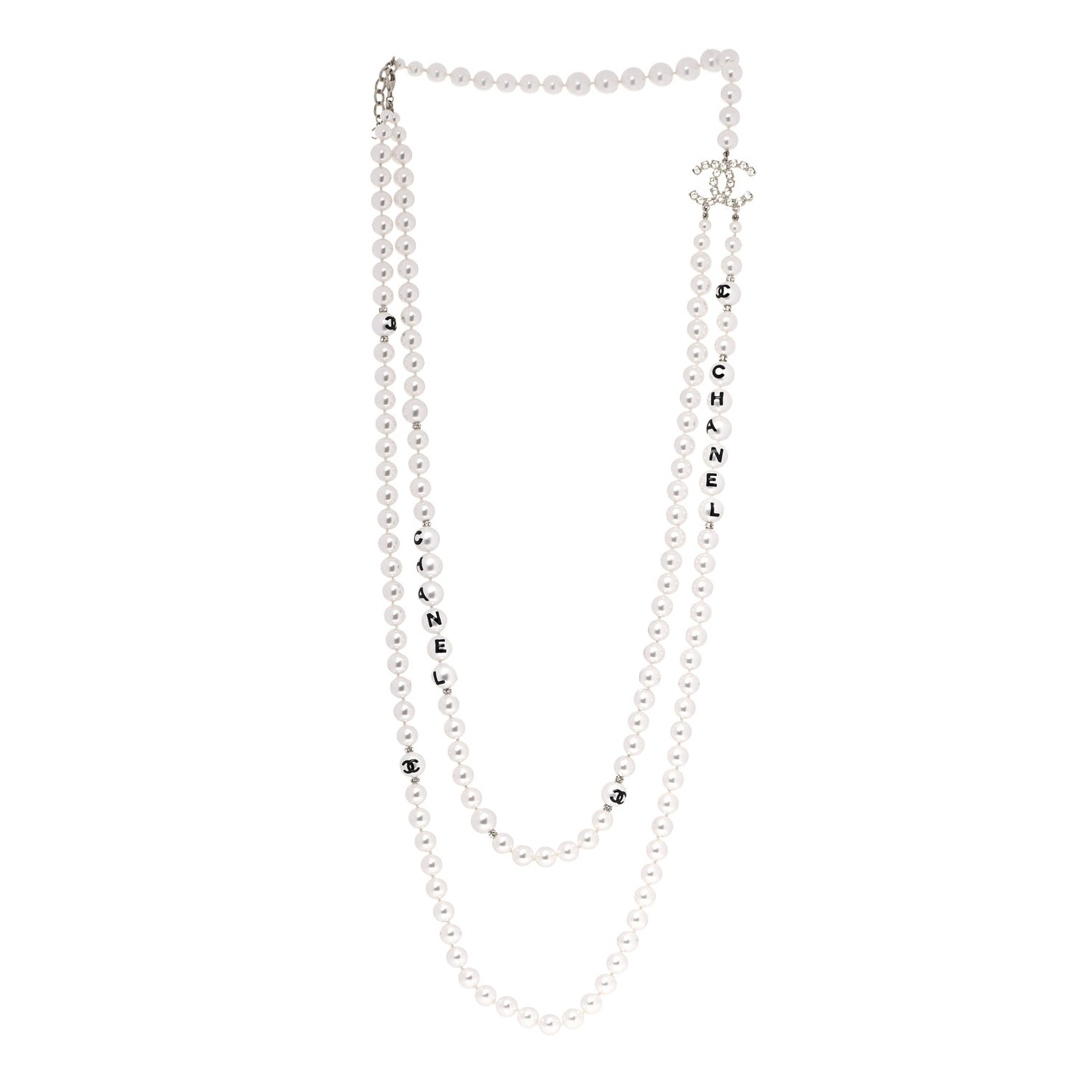 Pearl Crystal Long CC Logo Necklace Gold