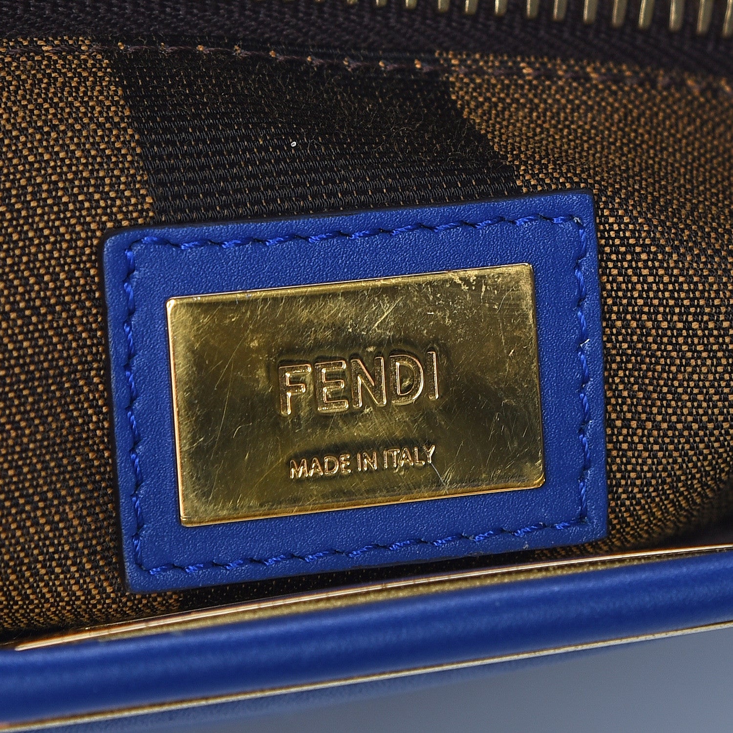 Fendi Vitello Morgan Fabric Jacquard Pequin Medium Peekaboo Iconic Satchel Blue Neon Tobacco 7 of 9