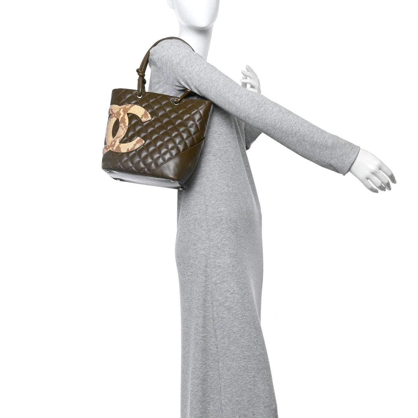 Calfskin Snakeskin Quilted Small Cambon Tote Khaki