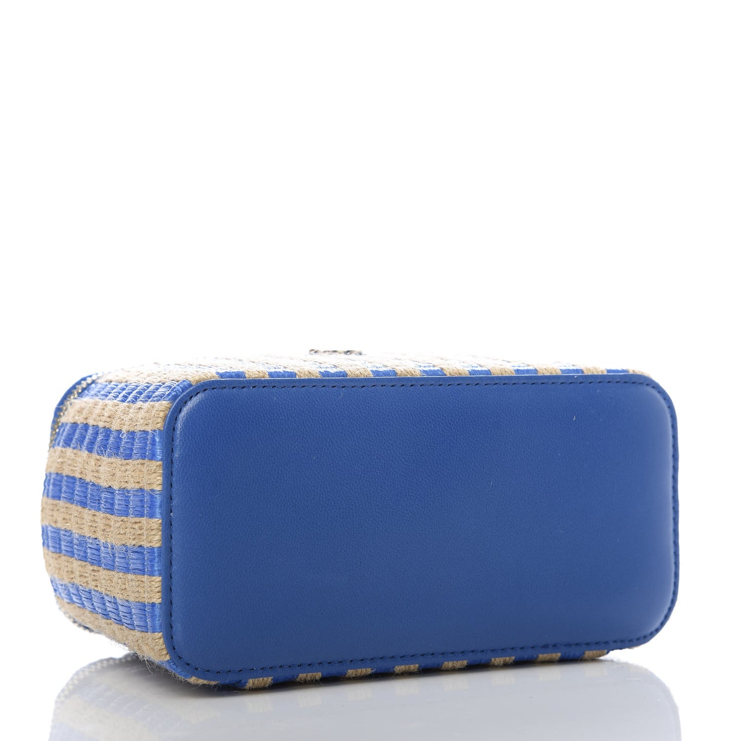 Raffia Jute Striped Small Vanity Case With Chain Blue Beige