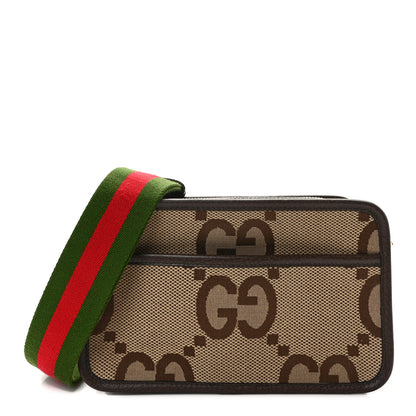 Gucci Monogram Jumbo GG Textured Dollar Calfskin Web Mini Crossbody Bag Camel Ebony New Acero 1 of 14