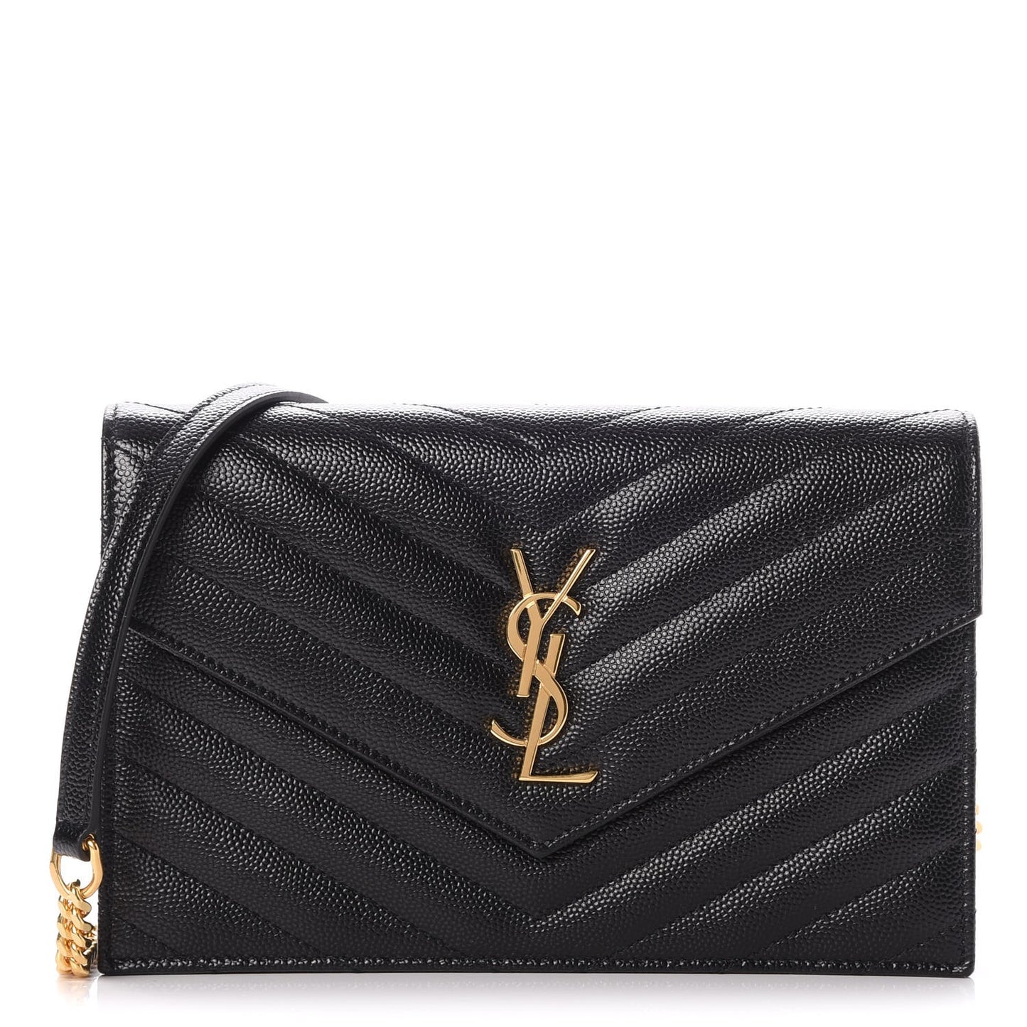 Grain De Poudre Matelasse Chevron Monogram Envelope Chain Wallet Black