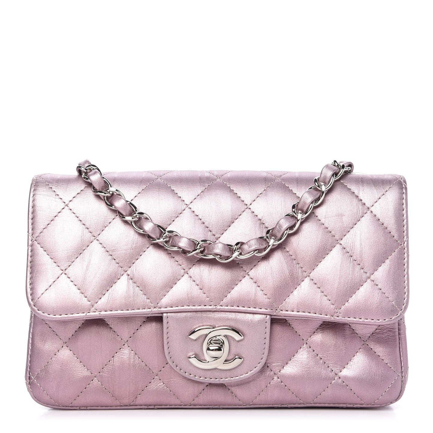 Metallic Calfskin Quilted Mini Rectangular Flap Pink