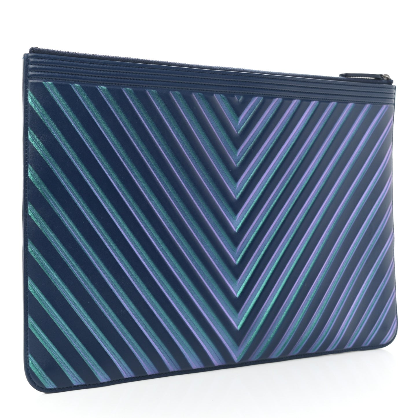 Calfskin Painted Chevron Embossed Large Boy Zip Pouch Green Navy