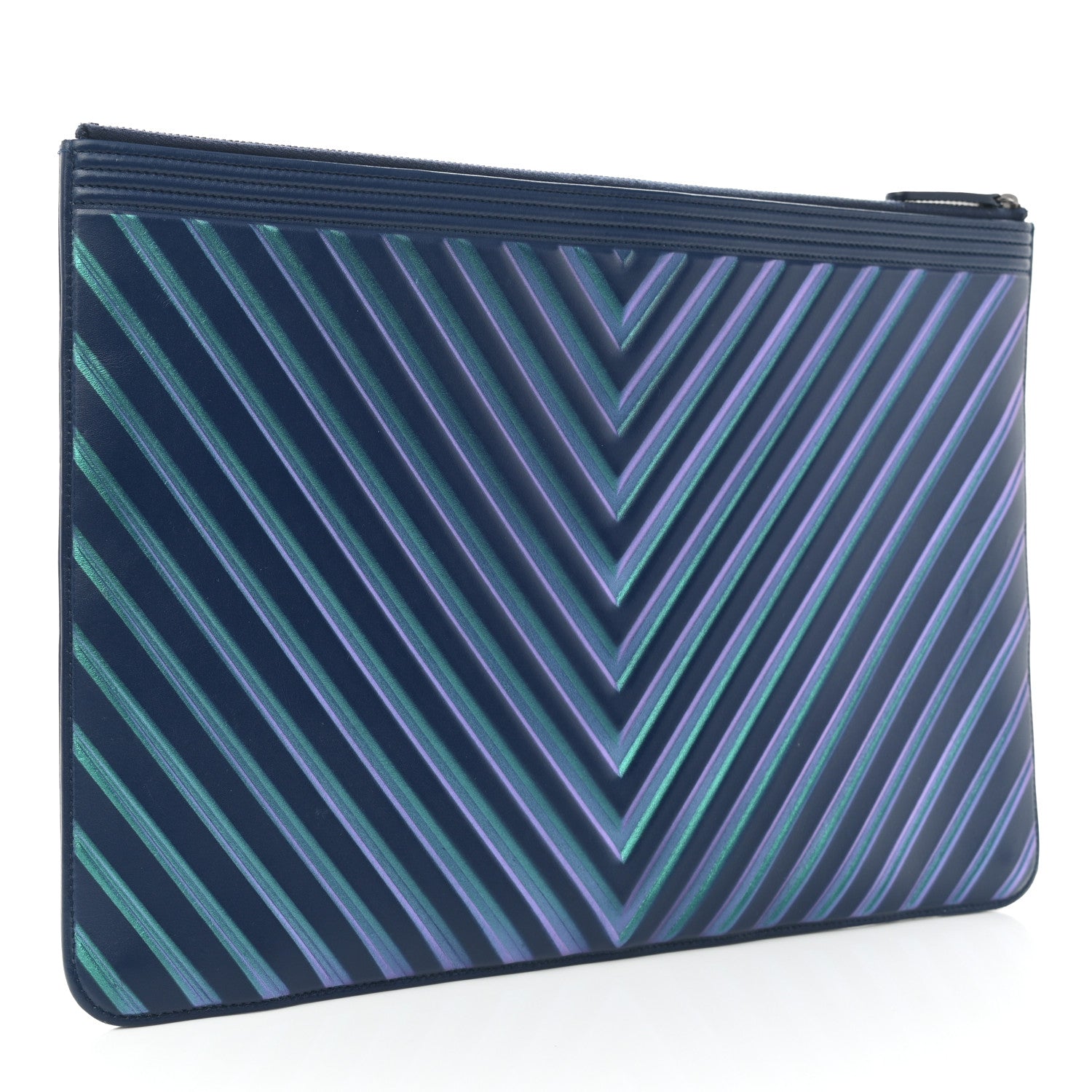 Chanel Calfskin Painted Chevron Embossed Large Boy Zip Pouch Green Navy 3 of 5