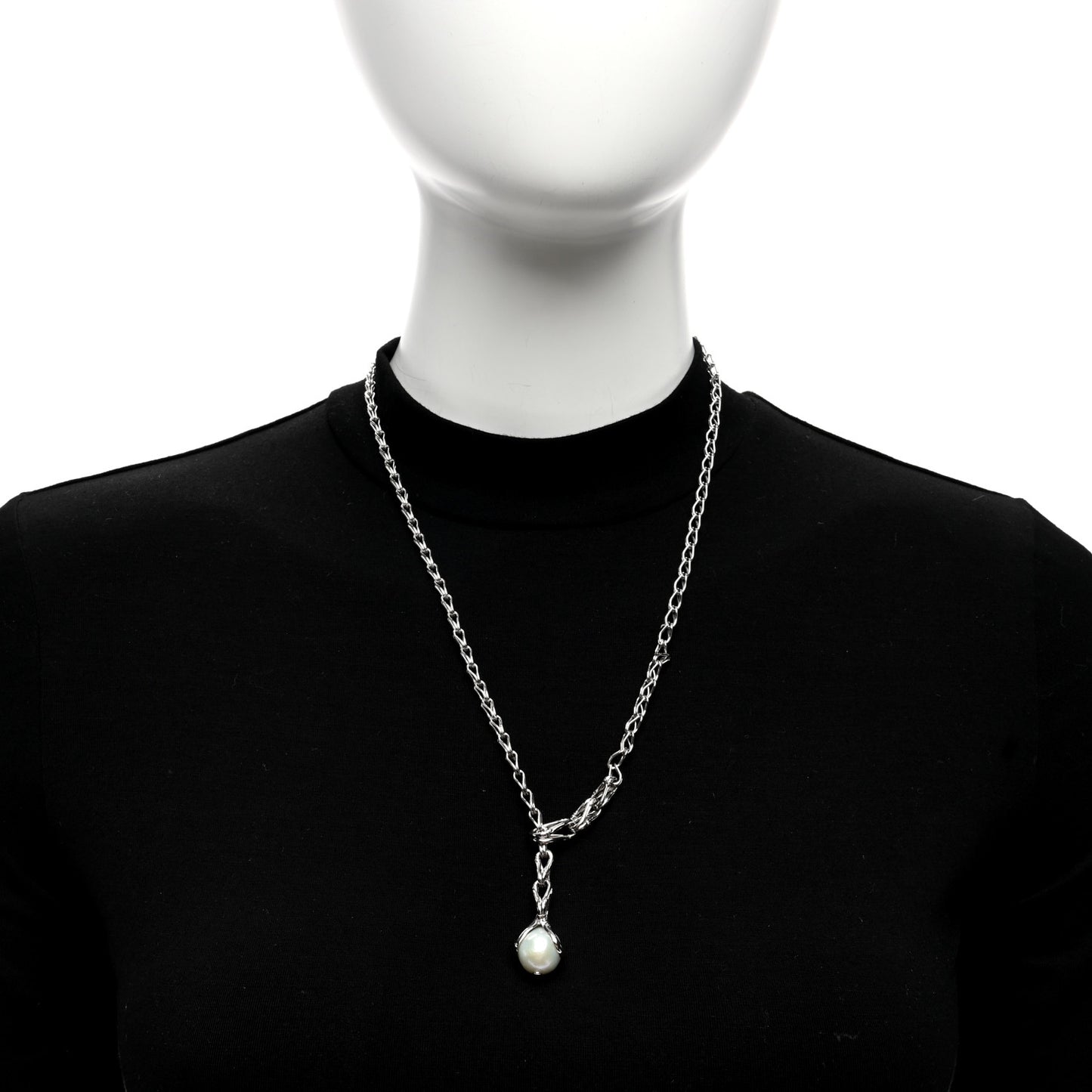 Sterling Silver Pearl Bamboo Drop Lariat Necklace