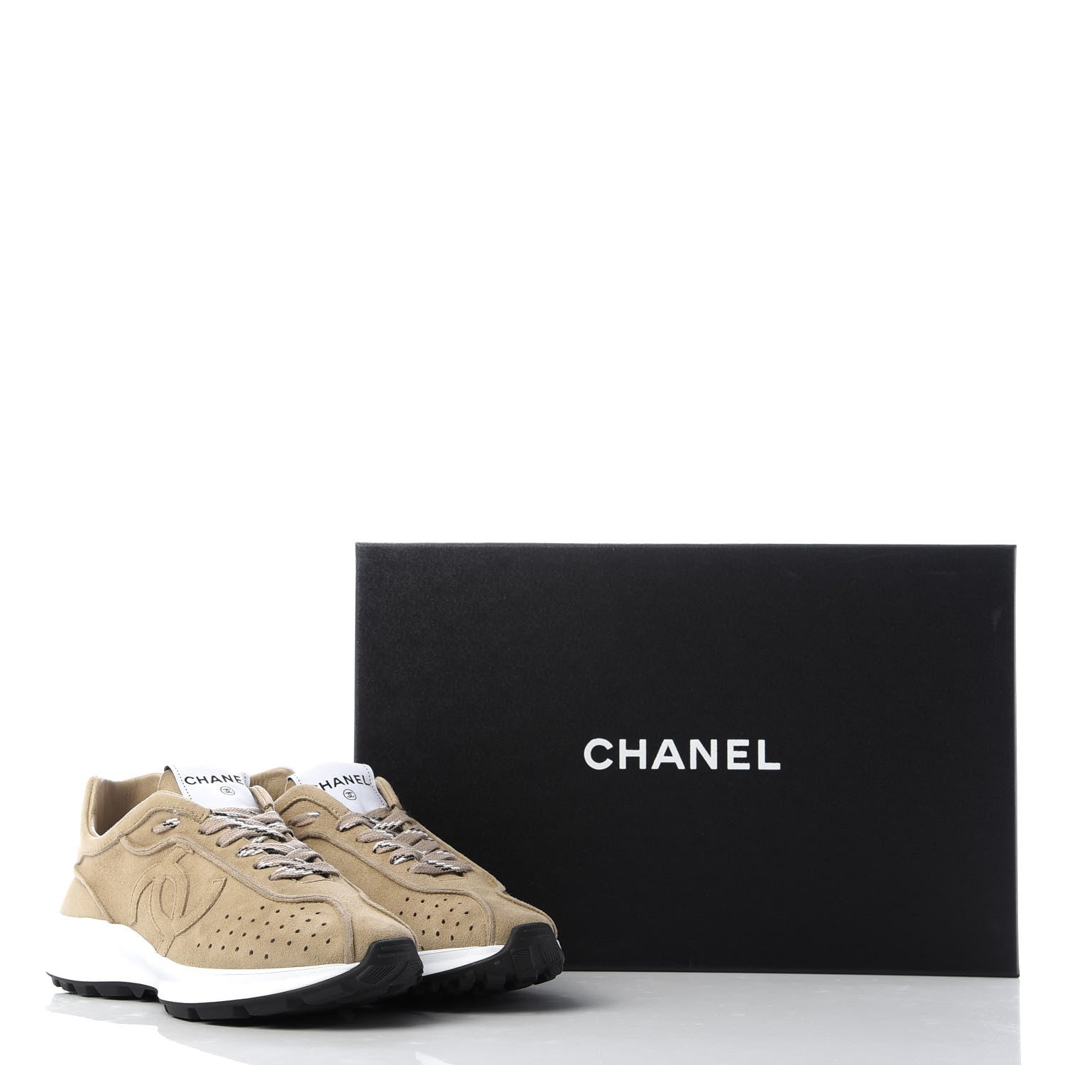 Chanel Goatskin Suede CC Sneakers 36.5 Beige 10 of 10