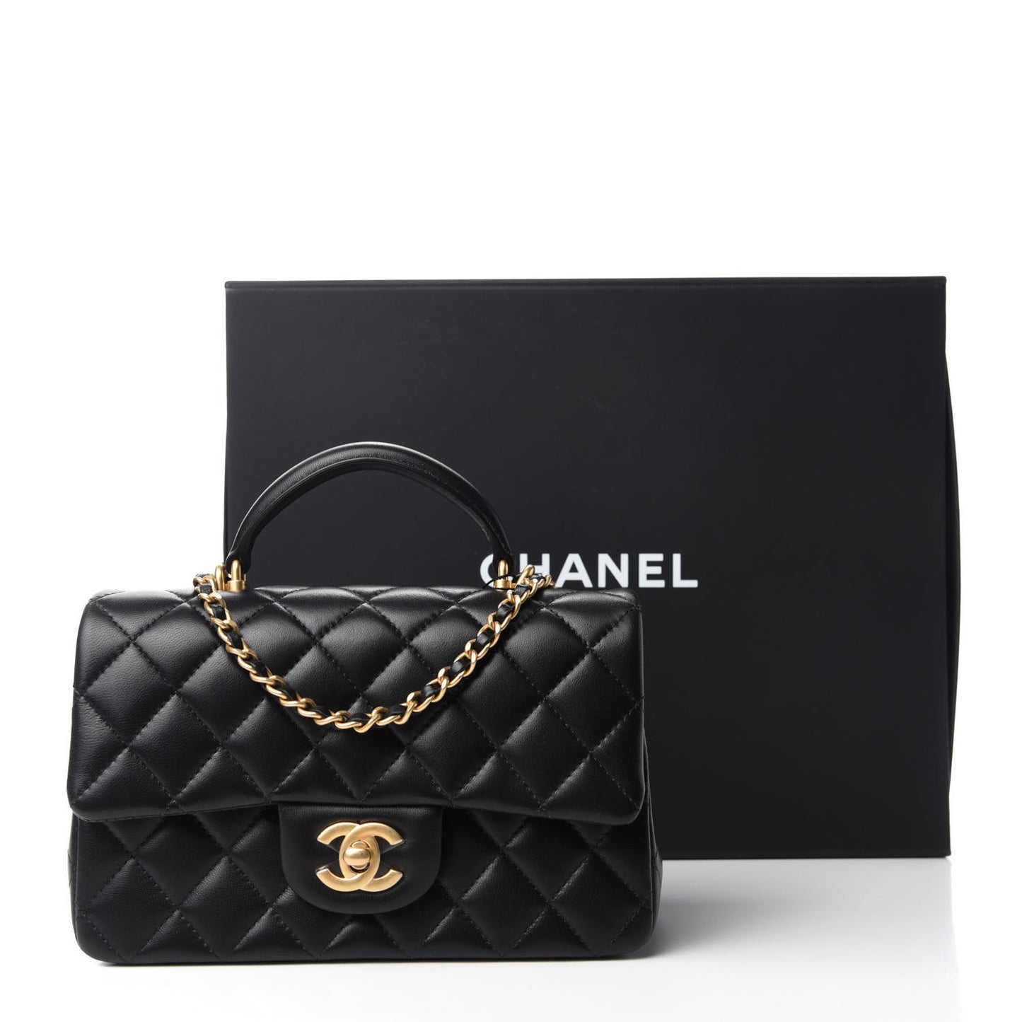 Lambskin Quilted Mini Top Handle Rectangular Flap Black
