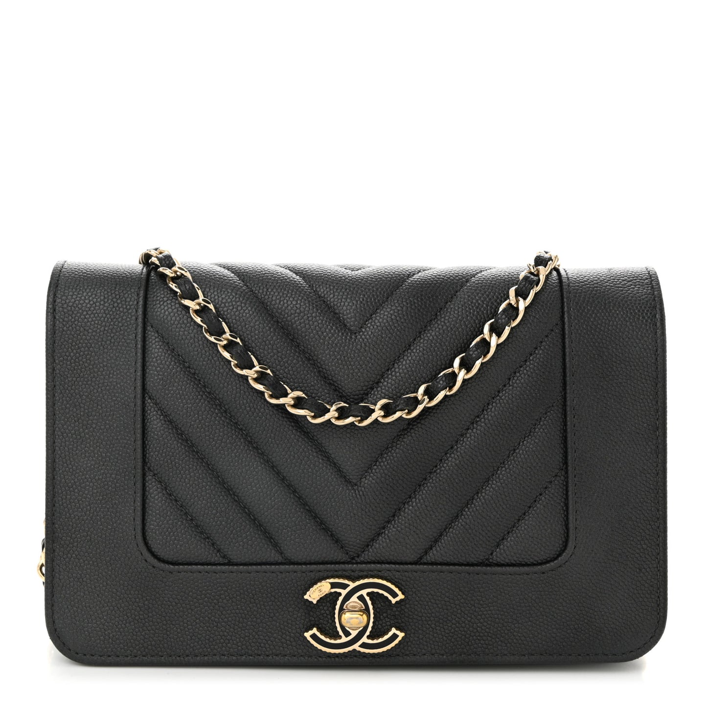 Metallic Caviar Chevron Quilted Vintage Mademoiselle Wallet On Chain WOC Charcoal