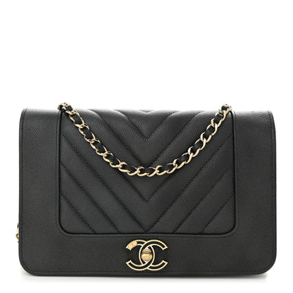 Chanel Metallic Caviar Chevron Quilted Vintage Mademoiselle Wallet On Chain WOC Charcoal 1 of 11