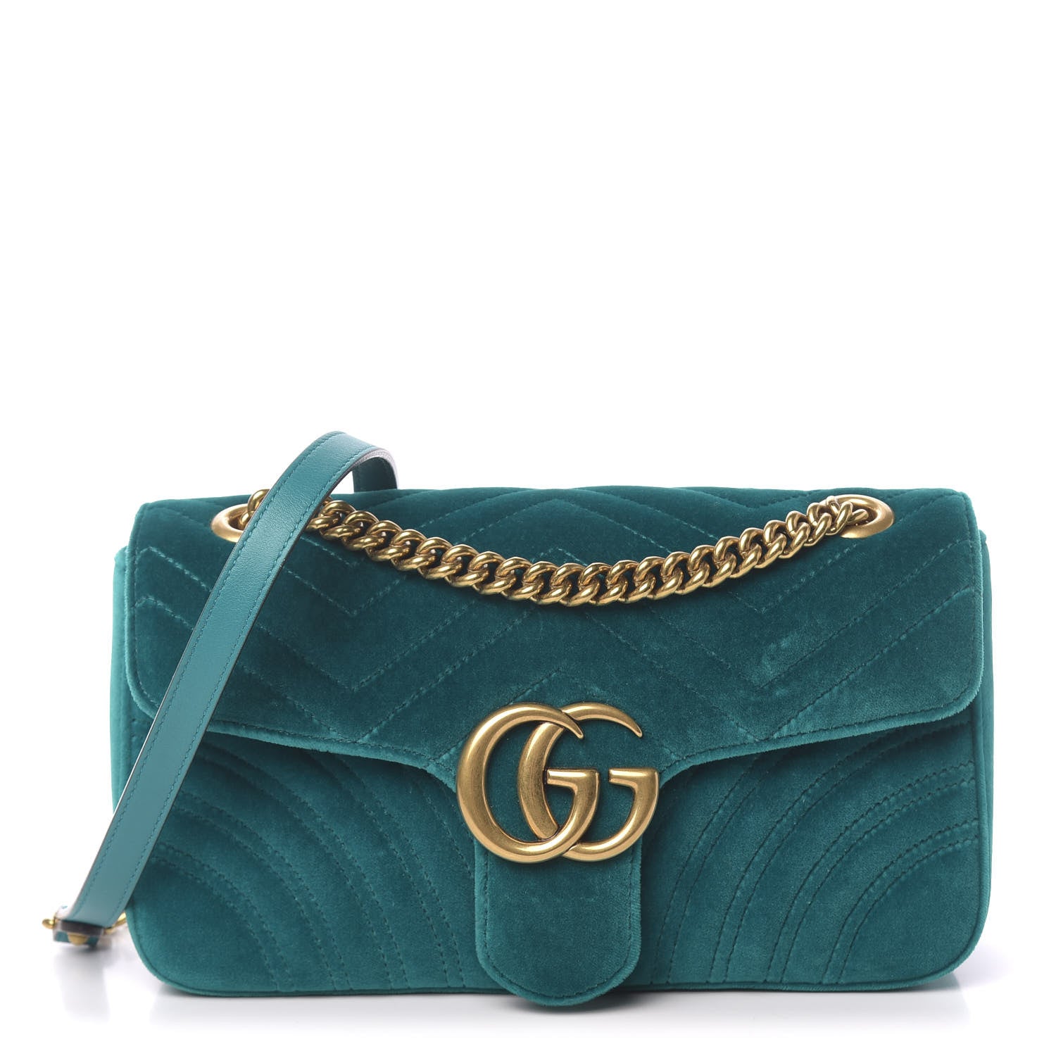 Gucci Velvet Matelasse Small GG Marmont Shoulder Bag Pavone Cyan 1 of 10