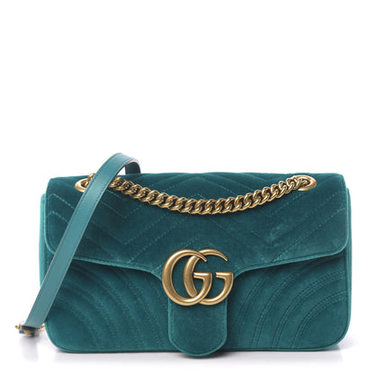 Gucci Velvet Matelasse Small GG Marmont Shoulder Bag Pavone Cyan 1 of 10