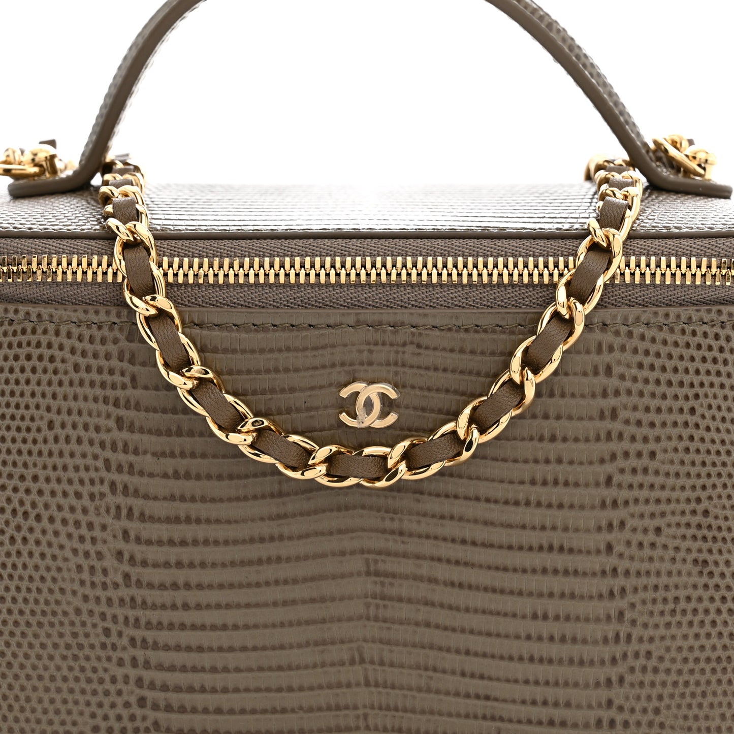 Calfskin Lizard Embossed Top Handle Vanity With Chain Dark Khaki