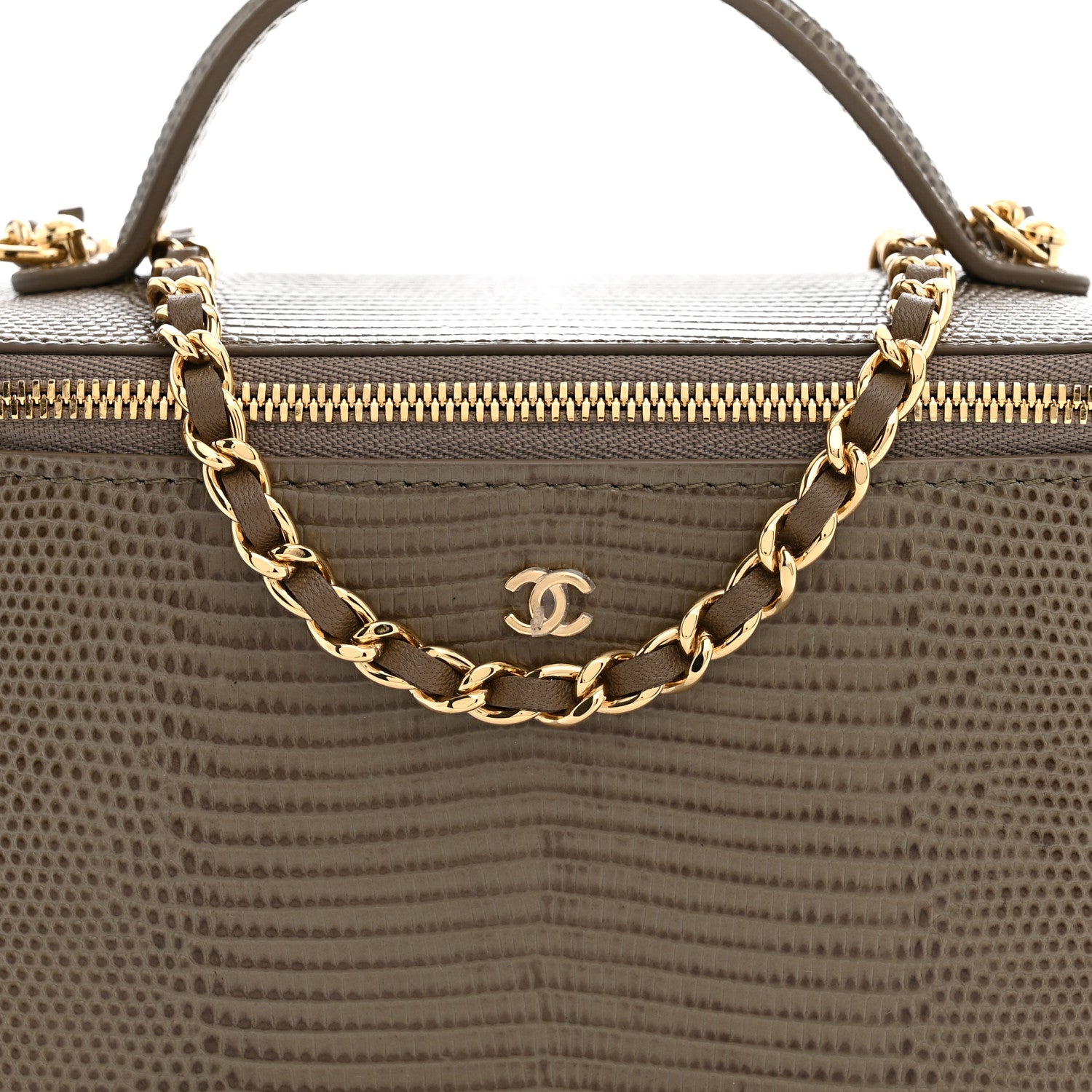 Chanel Calfskin Lizard Embossed Top Handle Vanity With Chain Dark Khaki 8 of 12