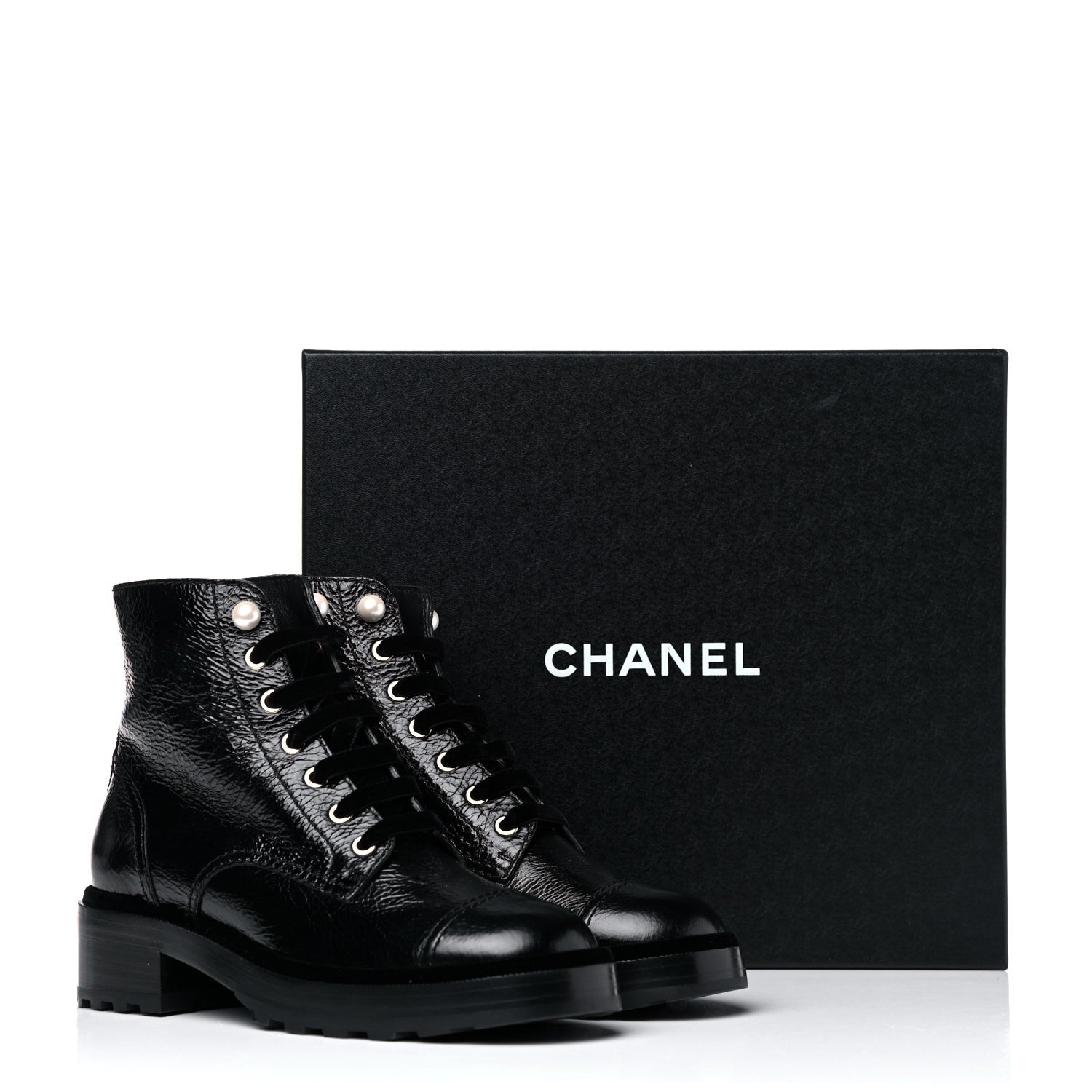 Chanel Calfskin Velvet Pearl Combat Short Boots 39 Black 9 of 9