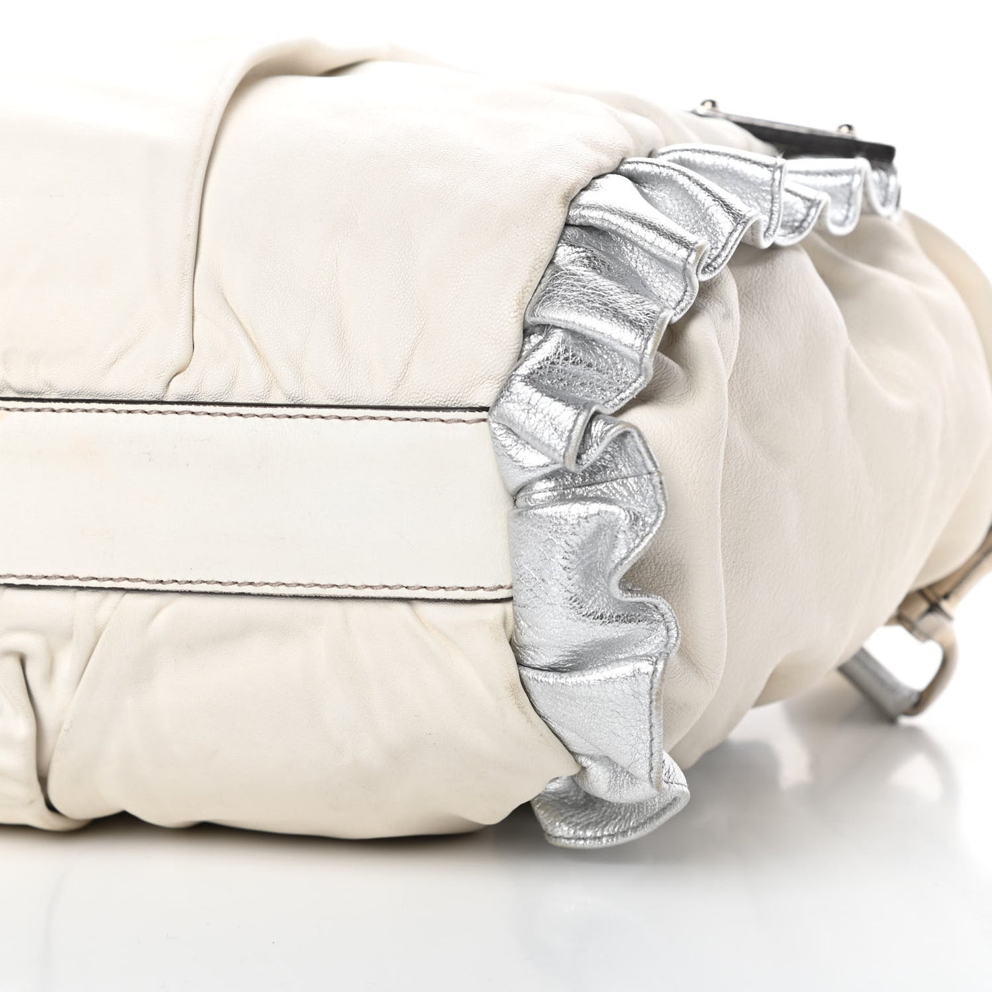 Distressed Calfskin Ruffled Miss Rouche Satchel White Silver