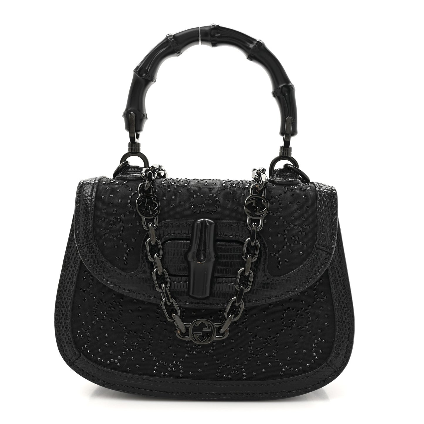 Moire Fabric Calfskin Rhinestone Monogram Monochrome Lizard Embossed Mini Bamboo 1947 Top Handle Chain Bag Black