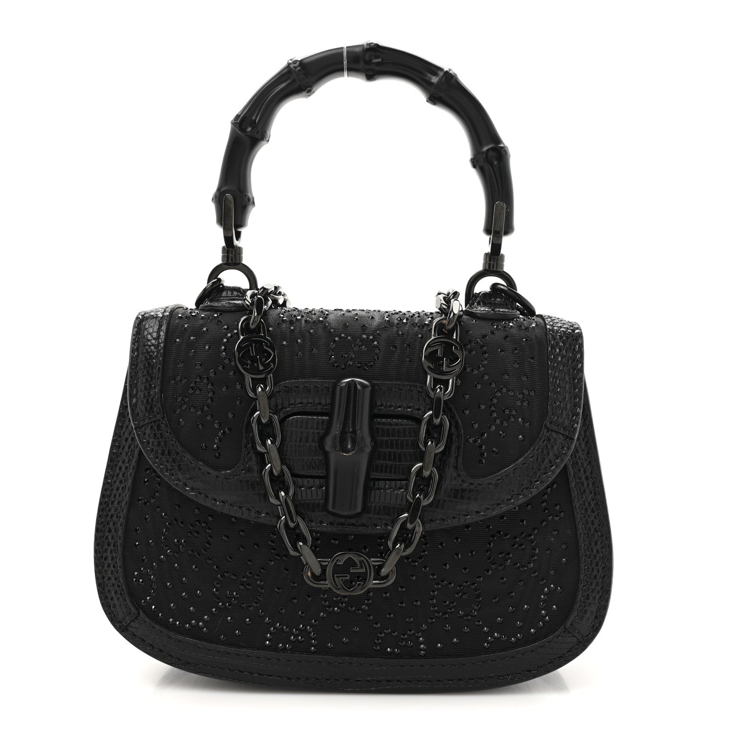 Gucci Moire Fabric Calfskin Rhinestone Monogram Monochrome Lizard Embossed Mini Bamboo 1947 Top Handle Chain Bag Black 1 of 10