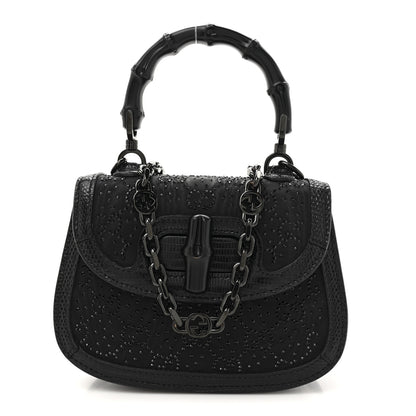 Gucci Moire Fabric Calfskin Rhinestone Monogram Monochrome Lizard Embossed Mini Bamboo 1947 Top Handle Chain Bag Black 1 of 10
