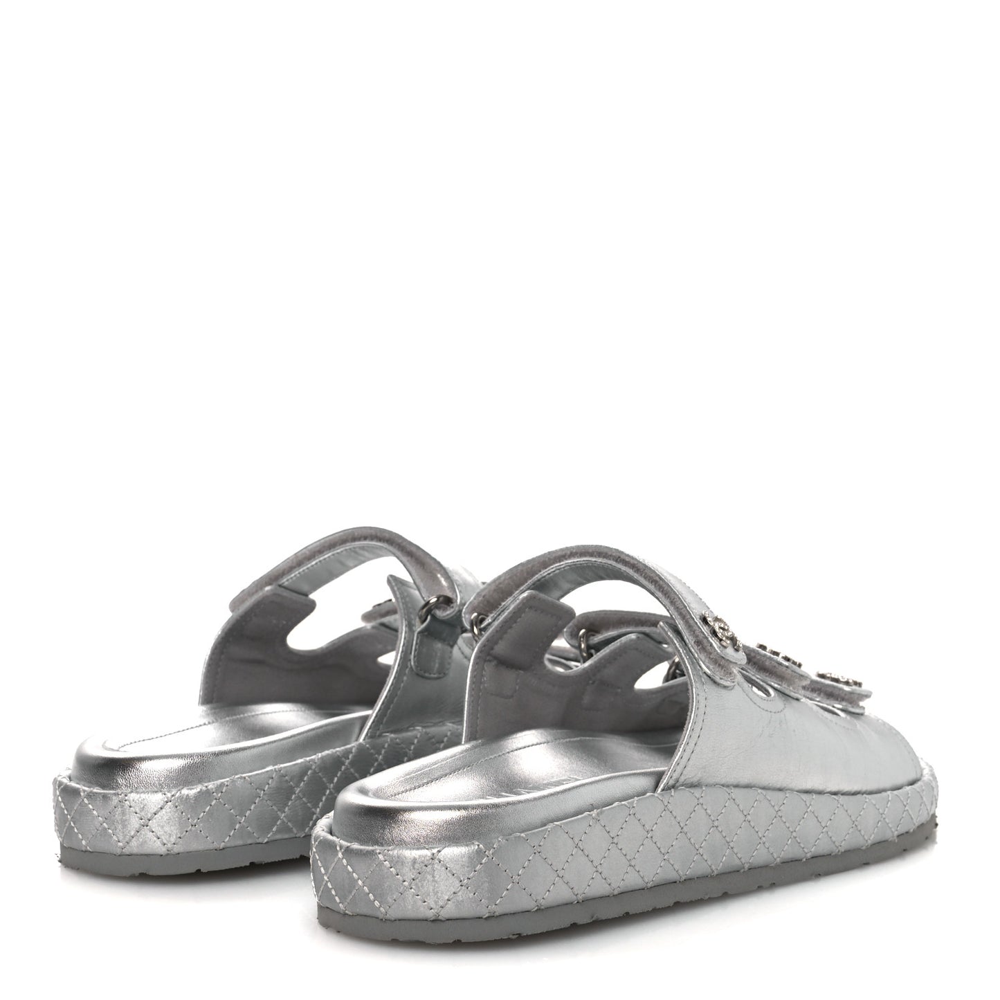 Laminated Lambskin Quilted Velcro Crystal CC Dad Slide Sandals Silver 37.5 Silver