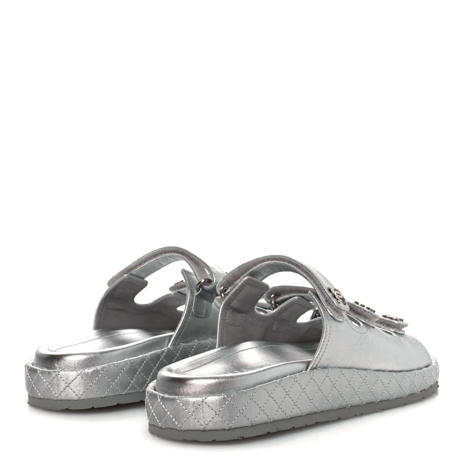 Chanel Laminated Lambskin Quilted Velcro Crystal CC Dad Slide Sandals Silver 37.5 Silver 5 of 11