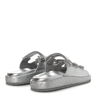 Chanel Laminated Lambskin Quilted Velcro Crystal CC Dad Slide Sandals Silver 37.5 Silver 5 of 11
