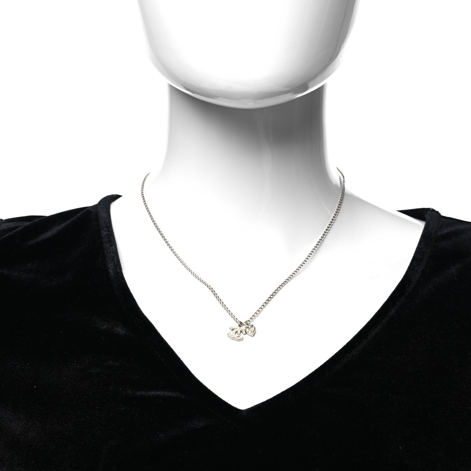 Chanel Crystal Mini Heart CC Necklace Silver 2 of 5