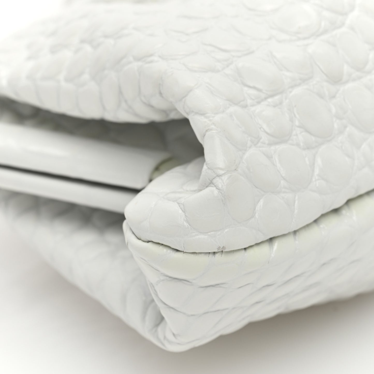 Shiny Supple Calfskin Logo Crocodile Embossed XL Cloud Clutch White