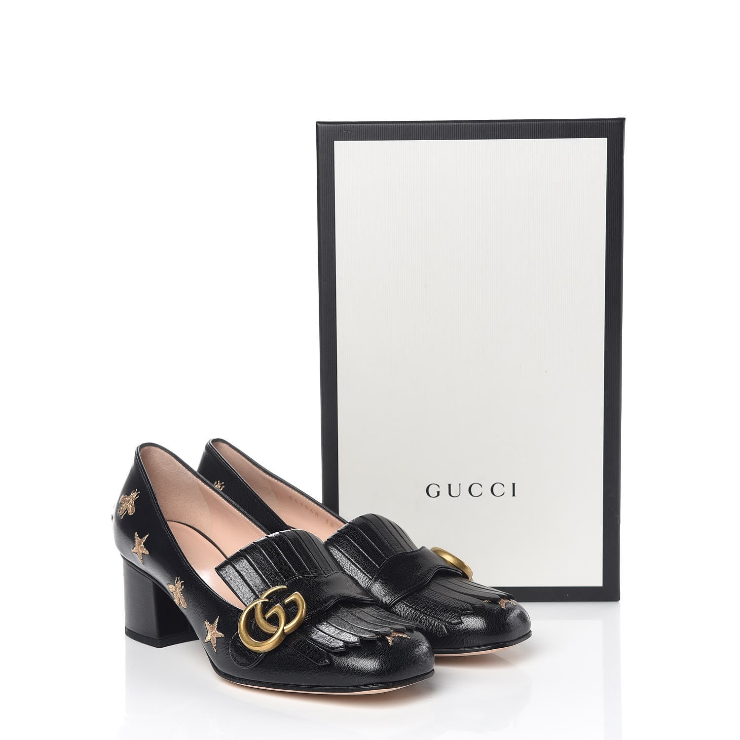Gucci Quentin Goatskin Bee Star Embroidered GG Marmont Fringe 50mm Loafer Pumps 38 Black 10 of 10