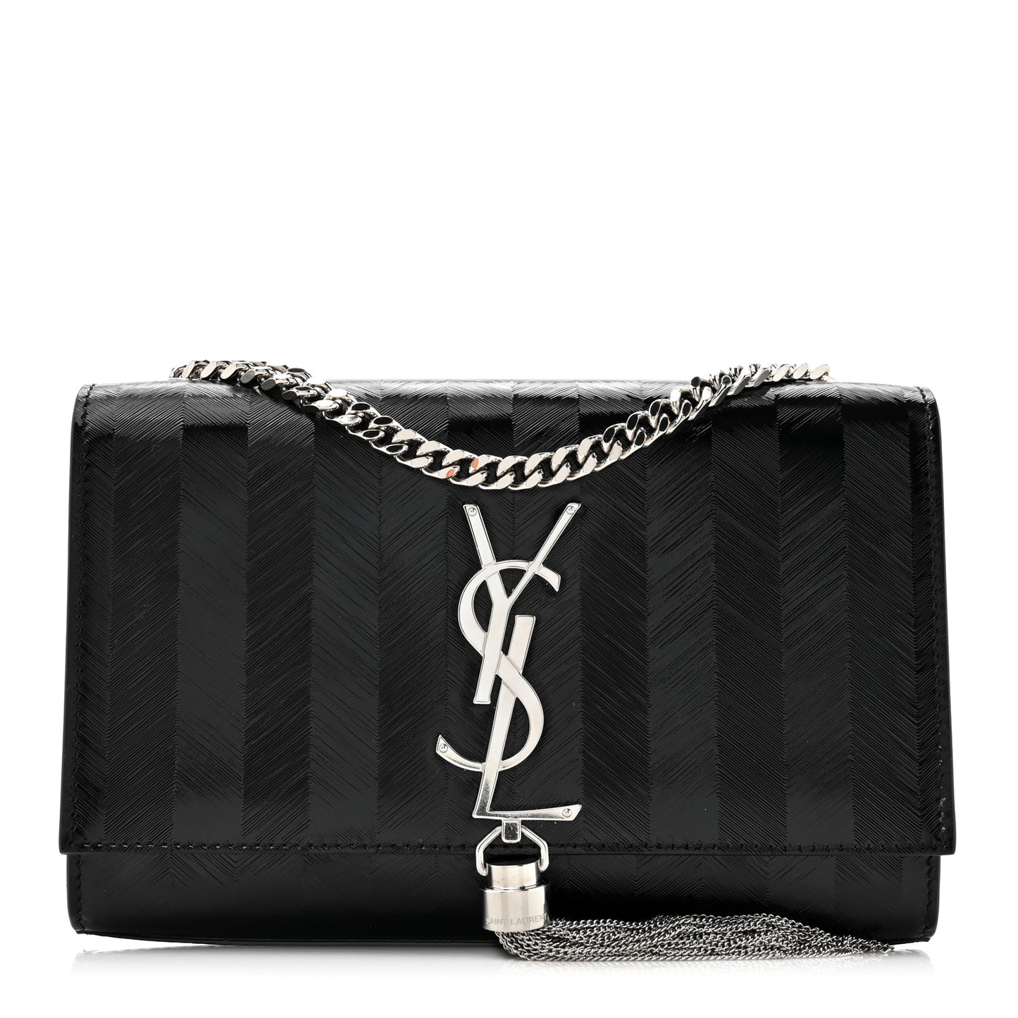 Patent Textured Striped Small Classic Monogram Kate Tassel Satchel Black