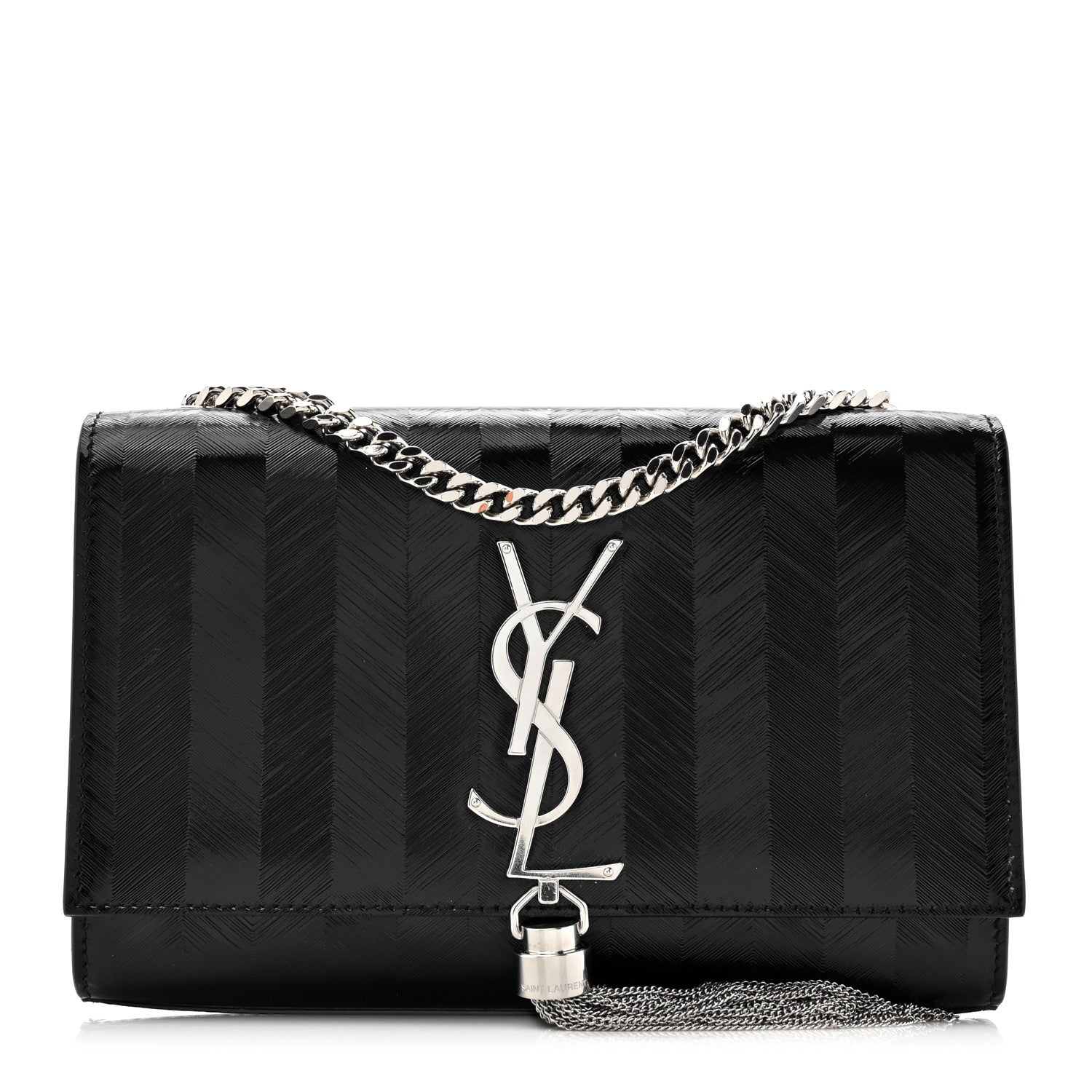 Saint Laurent Patent Textured Striped Small Classic Monogram Kate Tassel Satchel Black 1 of 10