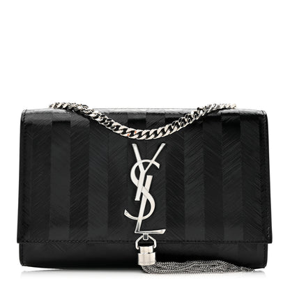 Saint Laurent Patent Textured Striped Small Classic Monogram Kate Tassel Satchel Black 1 of 10