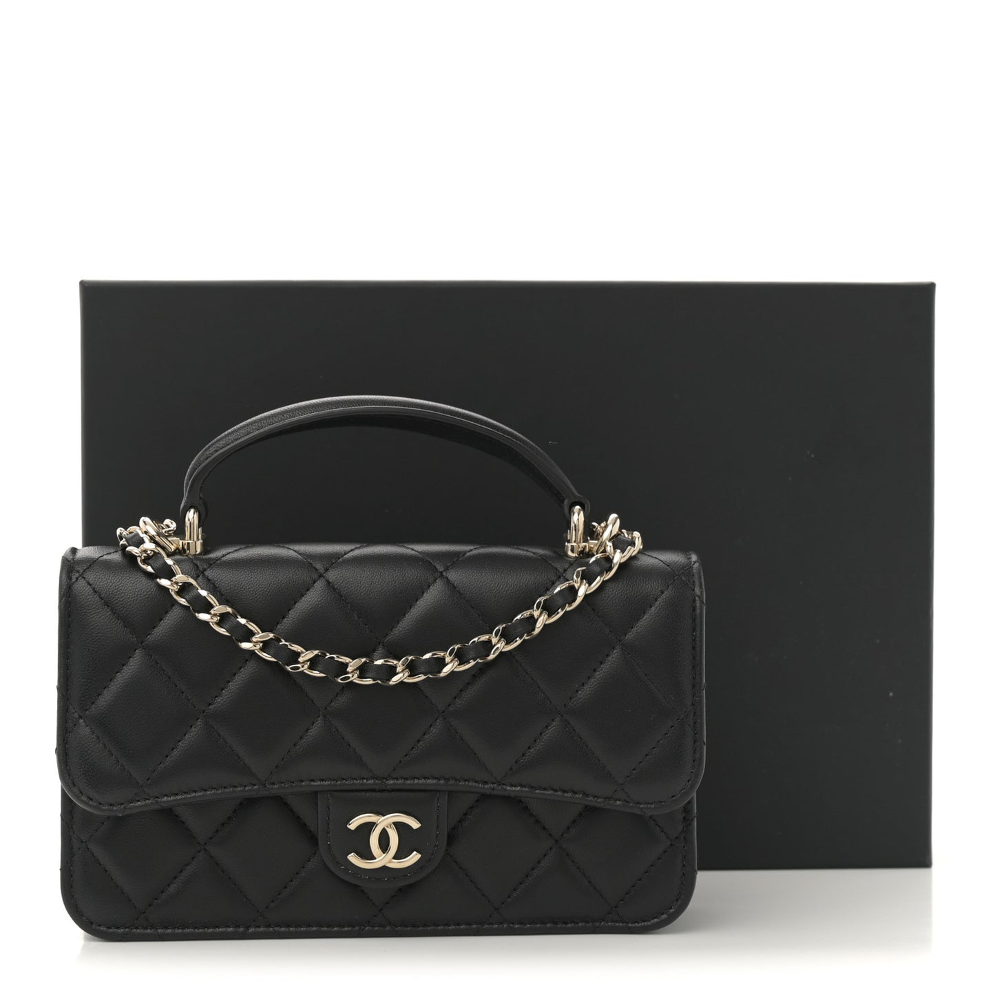 Lambskin Quilted Flap Phone Holder With Chain Black