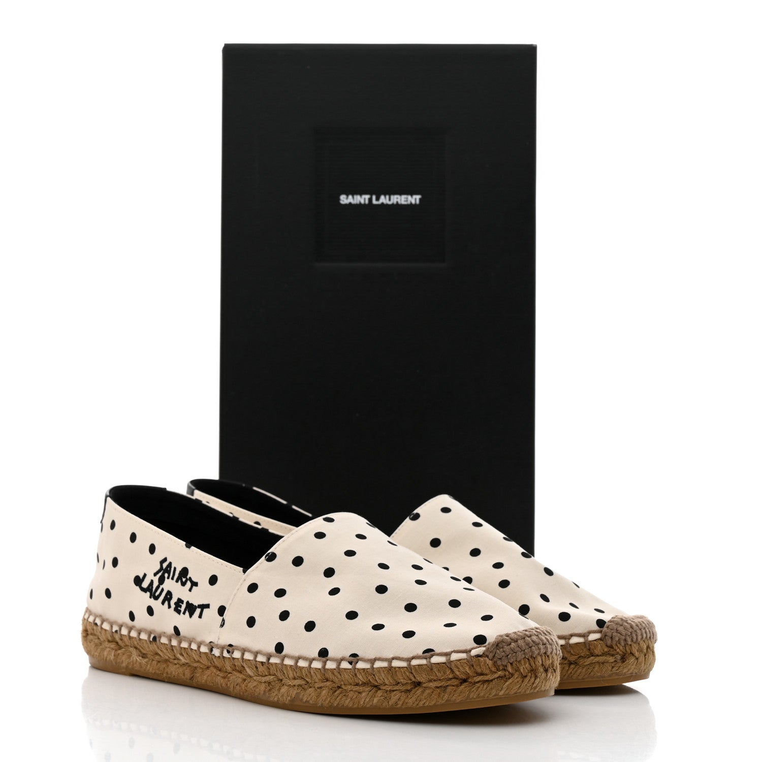Saint Laurent Canvas Nappa Polka Dot Elba Light Logo Embroidered Espadrilles 38 Cream Black 9 of 9